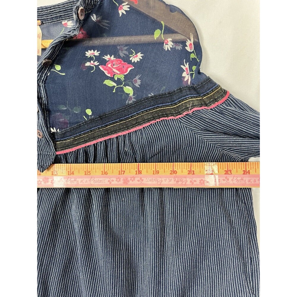 Free People Boho Tunic Top Blue Stripe Floral Sheer Yoke Long Sleeve Size S - Picture 7 of 11